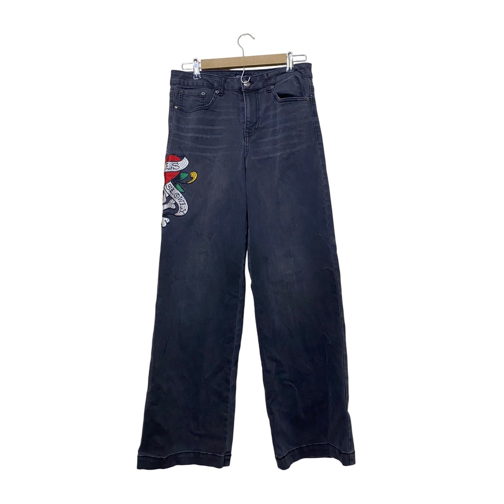 Ed Hardy Women Black Wide Leg Embroidered Tattoo Graphic Jeans Size 28 Y2K Style